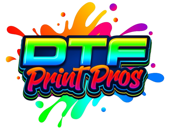 "DTF Print Pros logo with colorful splash, promoting high-quality same day DTF print and premium gang sheets in Texas."